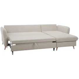 miliboo Schlaf-Ecksofa mit Stauraum 3/4-Sitzer beiger Stoff und helles Holz DRISS