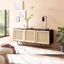 FineBuy Sideboard 175cm Mango Design Kommode mit 3 Rattan Wiener Geflecht Türen Schwarz