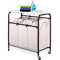 Ollieroo Klassischer Roll-Wäschesortierwagen, strapazierfähig, 3 Taschen, Wäschesortierer mit Bügelbrett (beige)