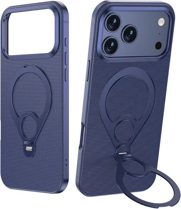IM-CHEN iPhone 17 Pro Hülle, Metallrahmen, 360° drehbarer Metallständer, Premium-Leder-Ringhalter, Anti-Sturz, Blau, 1 Stück