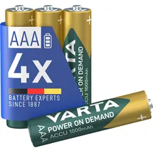 Varta Batterien AAA, wiederaufladbar, 4 Stück, Power on Demand Recharge Accu, Akku, 1000 mAh Ni-MH, ohne Memory Effekt, vorgeladen, sofort einsatzbereit