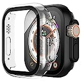 Piuellia 2 Pack Hard Case with Tempered Glass Screen Protector for Apple Watch Ultra 49mm, Ultrathin Overall PC iWatch Protective Cover, 1 Black + 1 Transparent