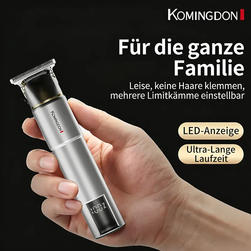 komingdon Professioneller elektrischer Haartrimmer mit LED-Display, USB wiederaufladbar, präzise Trimmen für Herrenhaar und Bart, inkl. Längenbegrenzungs-Kamm, ideal für Zuhause, perfektes Vaterstags- oder Geschenk zum Fest, silber