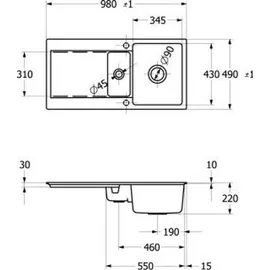 Villeroy & Boch Siluet 60 R Flächenbündige Spüle Weiß Excenterbetätigung 1000 x 500 mm