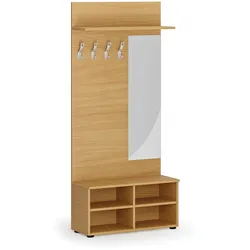 Garderobenwand PRIMO, Schuhregal + Spiegel, 4 Haken, Ablage, Buche
