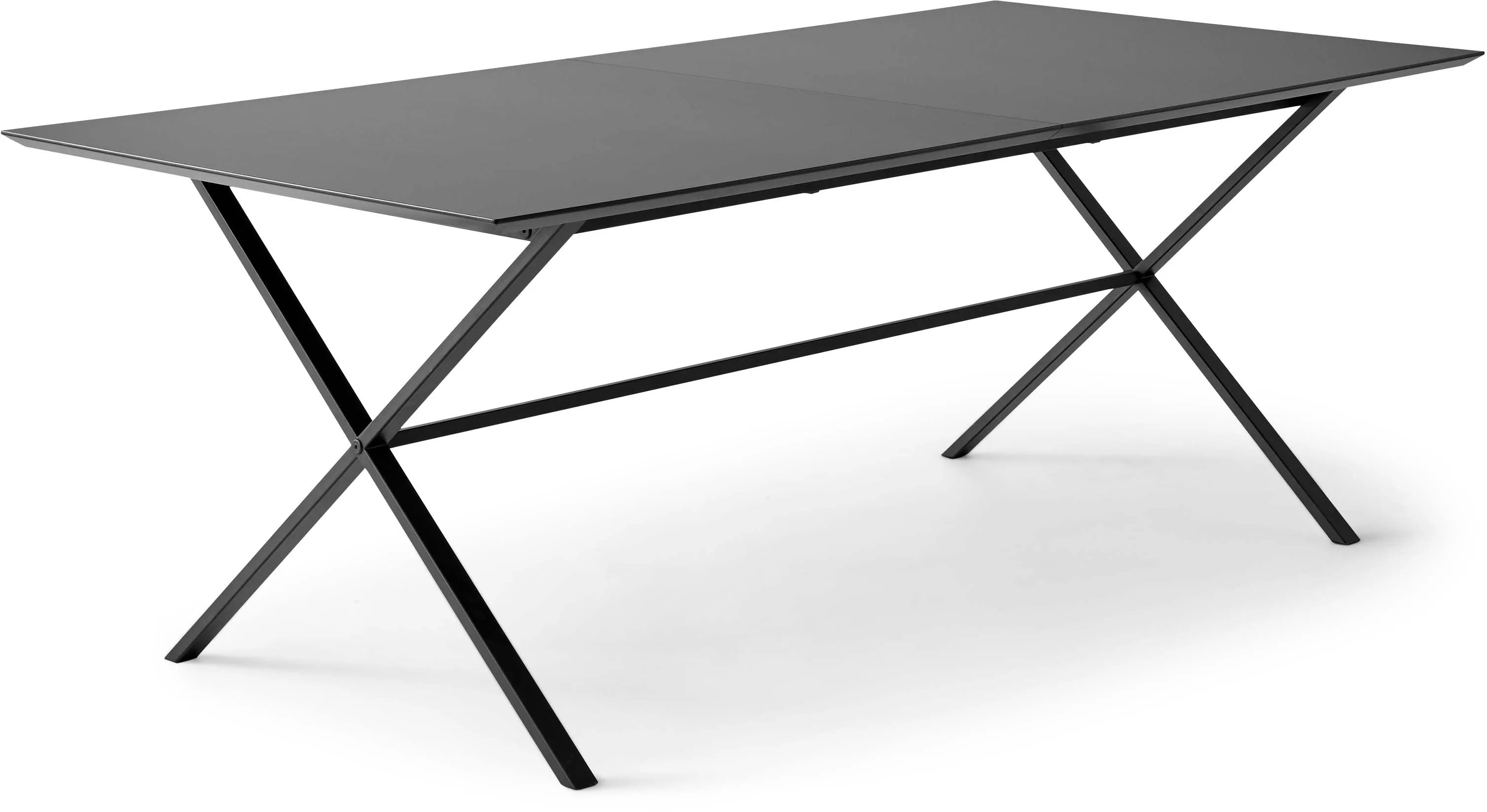 Esstisch HAMMEL FURNITURE "Meza Designtisch mit Auszugsfunktion und 2 Einlegeplatten", schwarz (schwarz, schwarz), B:165cm H:73,5cm T:90cm, Tischplatte: Schwarzes nanobehandeltes Fenix-Laminat (schwarzer Rand), Gestell: Pulverbeschichtetes schwarzes Metall, RAL9005 matt, Mit nanobehandeltem Laminat, einer matten, seidigen Oberfläche, die Fingerabdrücke abweist und langlebig und hygienisch ist, Mit nanobehandeltem Laminat, einer matten, seidigen Oberfläche, die Fingerabdrücke abweist und langlebig und hygienisch ist, Tische, rechteckige Tischplatte MDF, gekreuztes Metallgestell