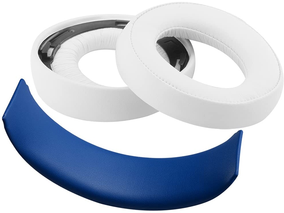 GEEKRIA Earpad Replacement for Playstation Gold Wireless/Sony PS4 / PS3 / PSV Gold Wireless Headphone Ear Pad and Headband Pad/Ear Cushion + Headband Cushion/Repair Parts Suit (White/Blue)