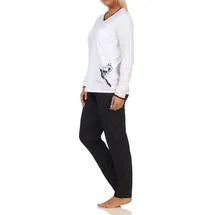 Normann Wäschefabrik Süsser Damen Schlafanzug langarm Pyjama mit Katze als Motiv, Hose in Tupfen Optik | weiss | 48-50