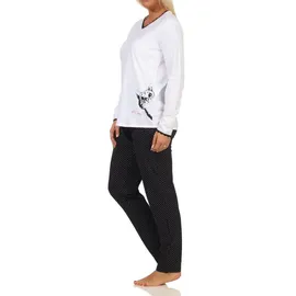 Normann Wäschefabrik Süsser Damen Schlafanzug langarm Pyjama mit Katze als Motiv, Hose in Tupfen Optik | weiss | 48-50