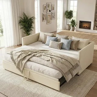 DAHUEN Schlafsofa 90/180x200 cm, 2 Sitzer Sofa mit Schlaffunktion, Bett Ausziehbar zum Doppelbett, Tagesbett Ausziehbar, Ausklappbares Sofa, Ausziehbett, schlafcouch, Samt, Ohne Matratze (Beige)