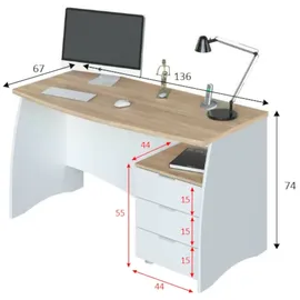 Dmora Schreibtisch Davell, Schreibtisch, PC-Halter Studiertisch mit 3 Schubladen, 136x67h74 cm, Weiß und Eiche - Weiß