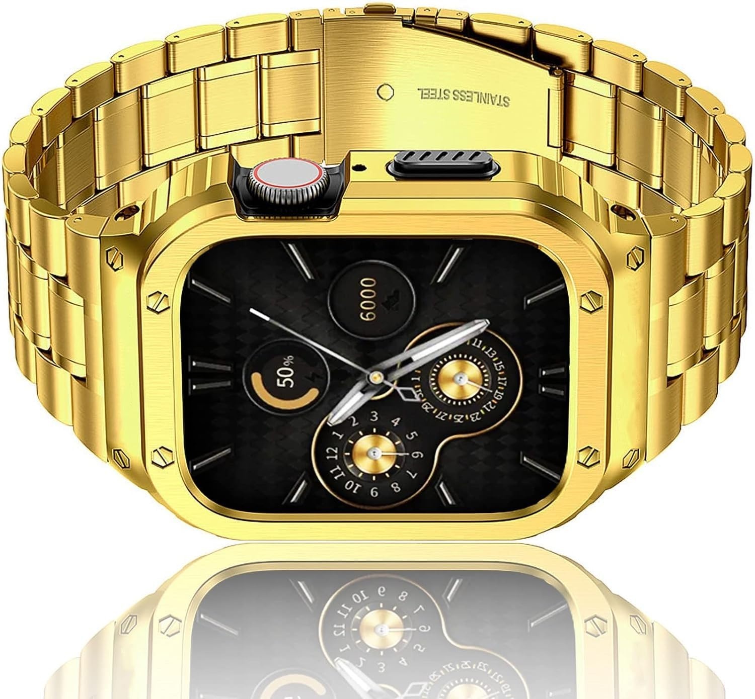 HASLFM Edelstahl Uhrengehäuse mit Armband Kompatibel für Apple Watch Bands Series 6/5/4/SE/3/2/1(44mm/42mm), Robustes iWatch Band und Metall Schutzhülle für Männer Gold