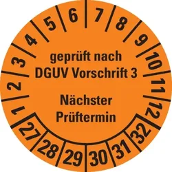 Dreifke® Prüfplakette gepr.n.DGUV Vorschrift 3 NP 27-32,orange,Dokumentenfolie,Ø25mm,500/Rolle