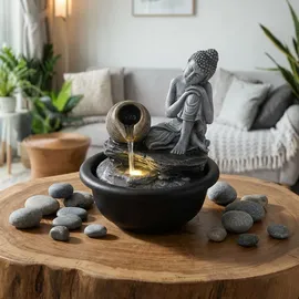 GLOBO Springbrunnen Buddha Zimmerbrunnen Kaskade Deko grau Led H 19 cm