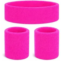 3 in 1 Schweißband pink Set mit Stirnband - als Accessoire Vokuhila Kostüm zu Retro neon 80er 90er Outfit Fasching & Karneval