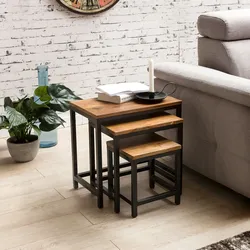 Kadima Design 3er Set Beistelltische aus Sheesham-Massivholz und Metallbeinen, Handgefertigt, Langlebig. 45x30x45 cm