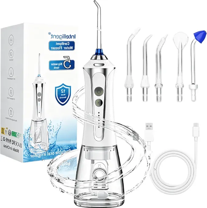 H2ofloss HF-2 Elektro-Dentalwasserflasche mit 5 Modi, 5 Düsen, USB-aufladbar, IPX7 wasserdicht, 300ml-Wassertank, weiß