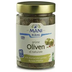 Mani Grüne Oliven al naturale mit Koriandersamen & rosa Pfeffer bio