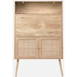 sweeek - Schreibschrank / Sekretär, 2 Türen und Regale, Holzeffekt, und Rohrgeflecht,