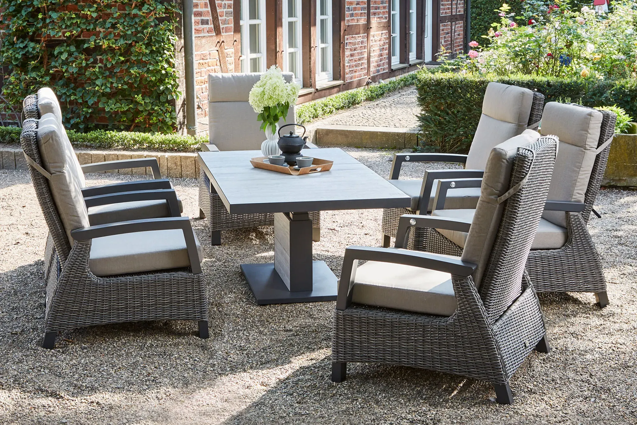 SIENA GARDEN Corido/Bellani Pinie Gartenlounge, charcoal/anthrazit/pinie-grau, Alu/Keramik/Gardino®-Geflecht, Lifttisch 160x90 cm, 6 Loungesessel