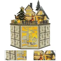 Holz-Musik-Adventskalender mit LED, Rentier und Weihnachtsbaum ,24 Schubladen, rundes Dorfdessin, ideal als Tischdekoration zu Weihnachten