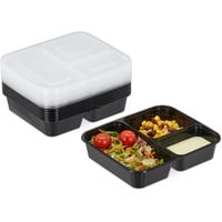 Relaxdays Meal Prep Boxen, 10er Set, 3 Fächer, 1000 ml, mikrowellengeeignet, Kunststoff Essensbox mit Deckel, schwarz