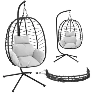 steelsøn Hängesessel mit Gestell Alarian, höhenverstellbar und faltbar, Balkonsessel Outdoor und Indoor, Korbhängesessel aus Polyrattan mit Kissen hellgrau/schwarz