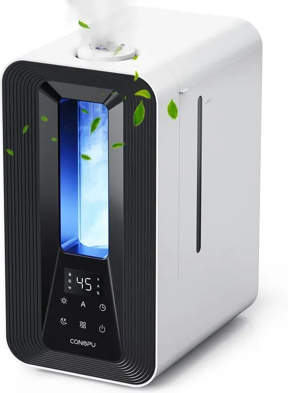 CONOPU 5L Ultraschall-Luftbefeuchter für das Schlafzimmer, intelligente automatische Feuchtigkeitsregelung, doppelte 360°-Sprühdüsen, leiser Schlafmodus, Aroma-Diffusor, LED-Lichter, 24-Stunden-Timer