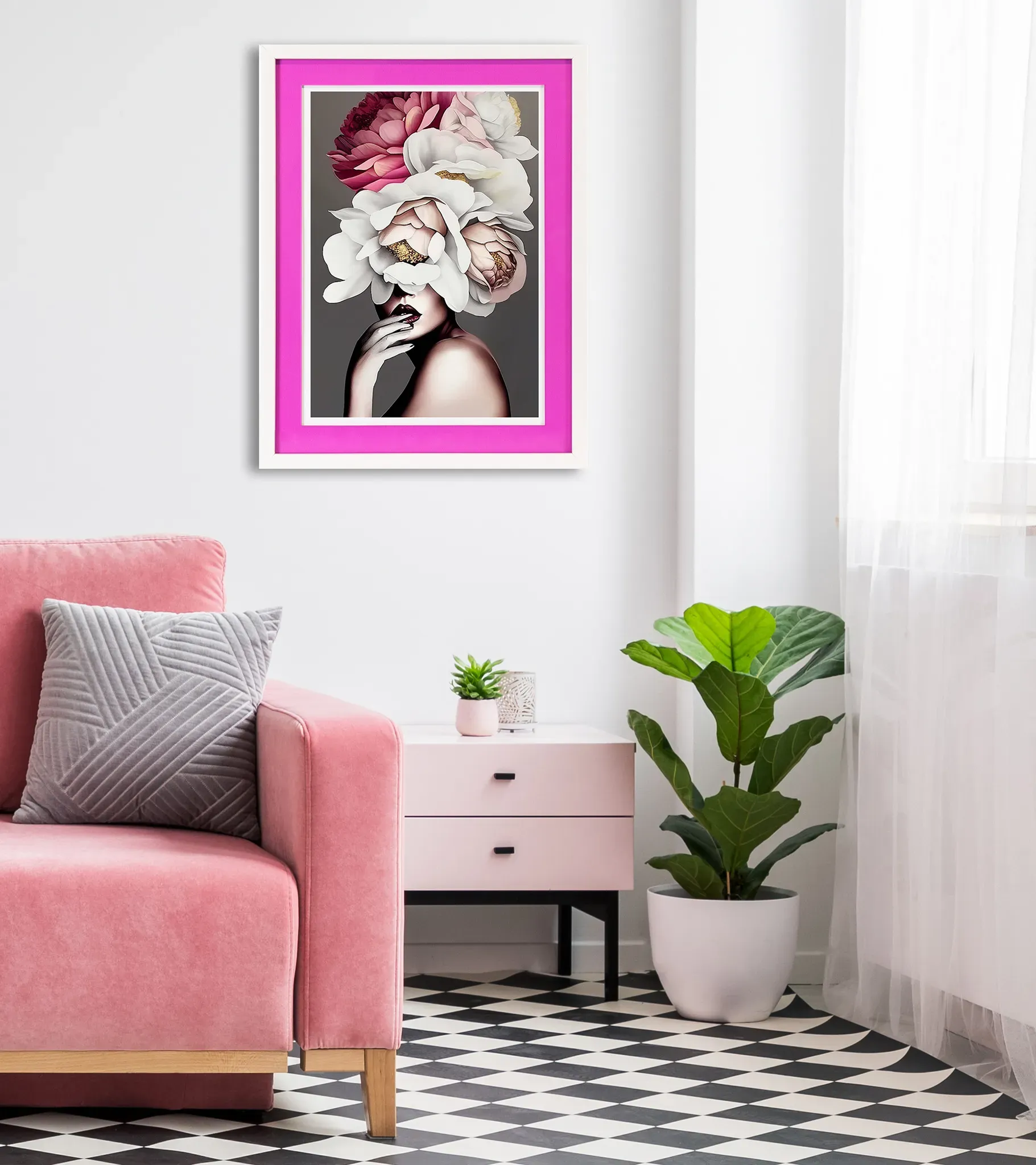 queence Bild mit Rahmen »Frau mit Hut aus Blumen«, Bilder von Frauen-Blumen-Blumenbilder-Frau, (1 St.), Poster mit buntem Acrylglas Passepartout queence pink