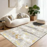 WQMMD Waschbarer Wohnzimmer Teppich 160x230 cm - Beige Grau mit Gold Moderner Abstrakter Kurzflor Teppich, rutschfest & Weich, Ideal für Esszimmer, Büro & Schlafzimmer