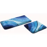 Goodway 2-teiliges Badematten Set Wave, blau │ Größe: 50x90cm, 50x45cm │rutschhemmend, waschmaschinenfest
