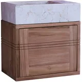 Tikamoon Badunterschrank aus Teakholz und Waschbecken aus cremefarbenem Marmor Basic crem