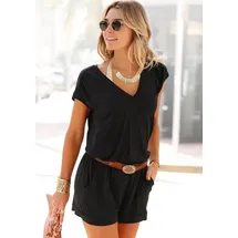 LASCANA Kurzoverall mit V-Ausschnitt, elastischer Jumpsuit mit Taschen schwarz 44