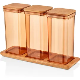 Lashuma 3x Spaghettidose Kunststoff, Vorratsdosen mit Bambusdeckel Braun - Bernstein, Müslibehälter Set 1,5 l