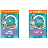 PURINA ONE Coat & Hairball Katzenfutter nass in Sauce, mit Huhn, 26er Pack (26 x 85g) & Sensitive Katzenfutter nass, zarte Stückchen in Sauce mit Huhn, 26er Pack (26 x 85g)