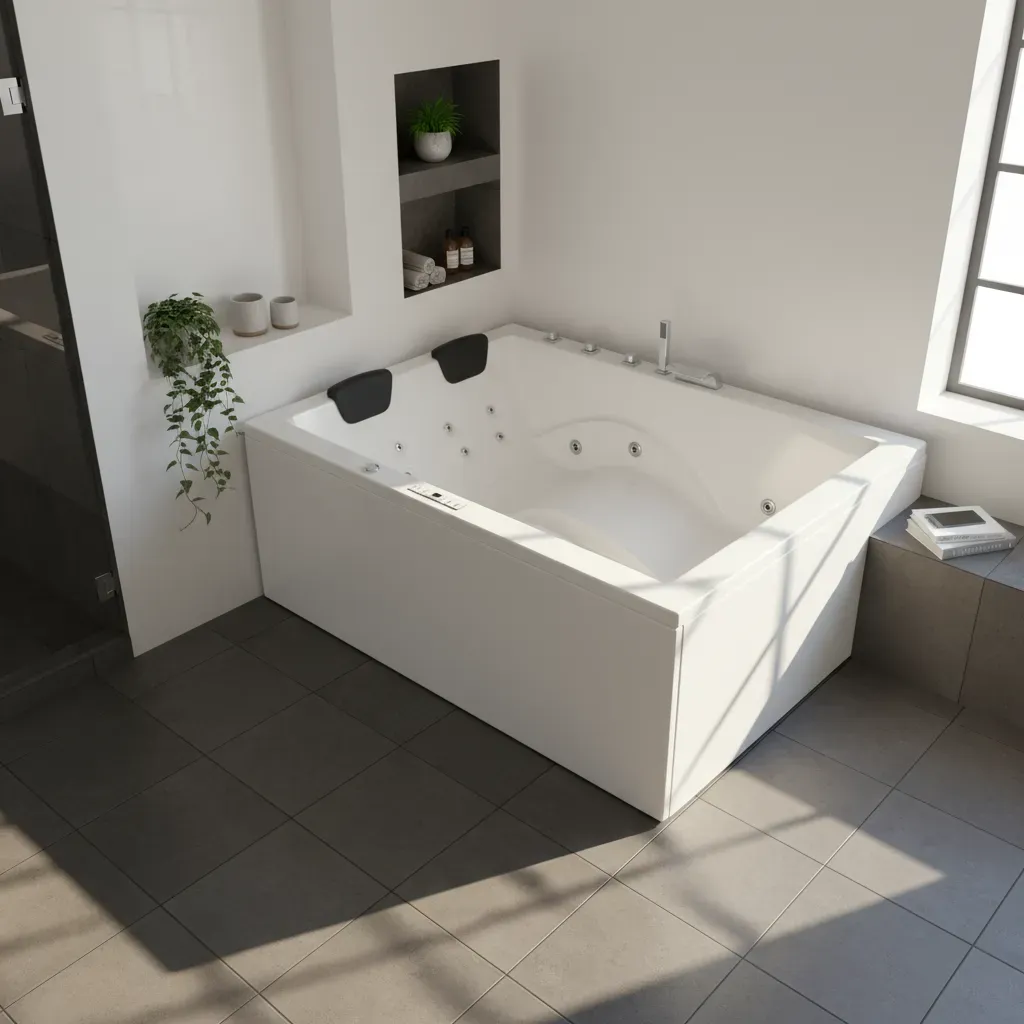Indoor Whirlpool Doppelbadewanne 180x130 cm, 24 Massagedüsen Heizung LED, groß, freistehend, 2 Personen, Caribia DYNASTY XL Deluxe, Made in Germany