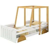 TavilaEcon Autobett Jeep-Bett Kinderbett Einzelbett mit MDF-Rädern, Rahmen aus Kiefer, Weiß+Natur, 90x200cm