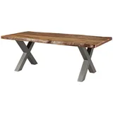 MASSIVMOEBEL24.DE Baumtisch Sheesham 220 x 77 x 100 cm natur sandgestrahlt/silber matt