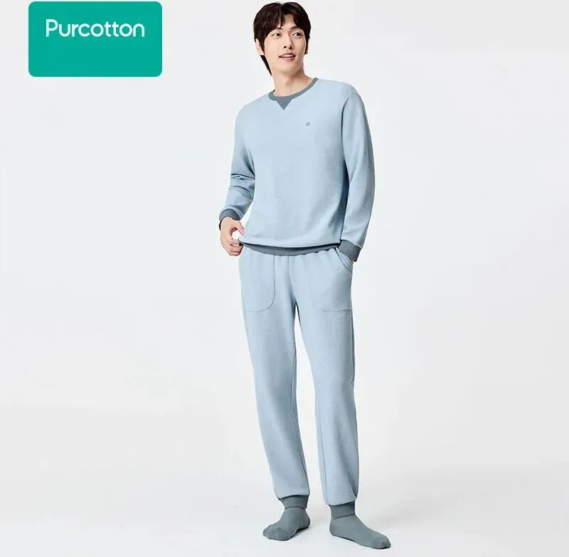 Tommy Hilfiger Herren Loungewear-Set aus Waffelstrick, Aurora-Blau, Oben: UK 42 (X L); Unten: UK 36 (X L)