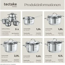 Tectake Bologna II Topf-Set 9-tlg. Kochtopf + Glasdeckel
