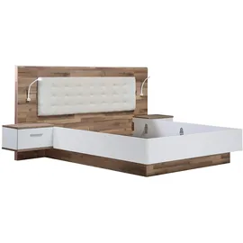 Forte Modern Way Bett, Liegefläche 180 x 200 cm, Holzwerkstoff, Stabeiche Dekor Kombiniert mit Weiß Matt, 296,5 x 119,7 x 210 cm