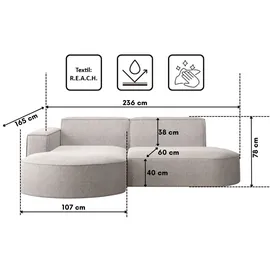 kaiser möbel Ecksofa Sofa L form, Couch L form MODENA STUDIO stoff Verita Beige, Links