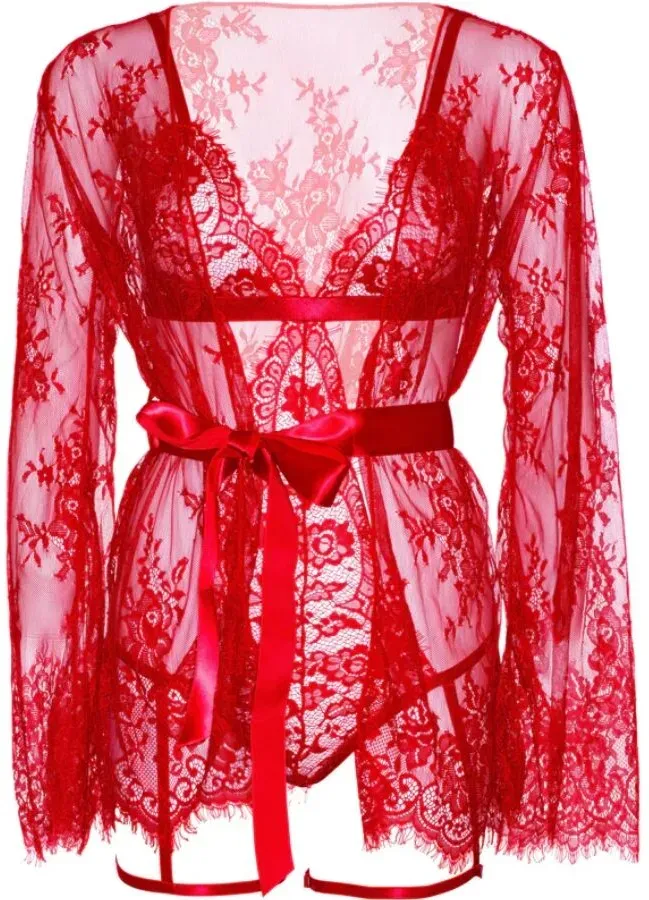 LEG AVENUE - 86123 TEDDY- UND STRUMPFBAND-BADEMANTEL-SET, ROT, GRÖSSE S - M