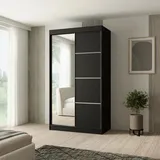 Beautysofa Schiebtürenschrank PACO 120 cm - Kleiderschrank inkl. 2 Schiebtüren Schrank mit Spiegel Kleiderstange, Farbe: Schwarz - Schwarz