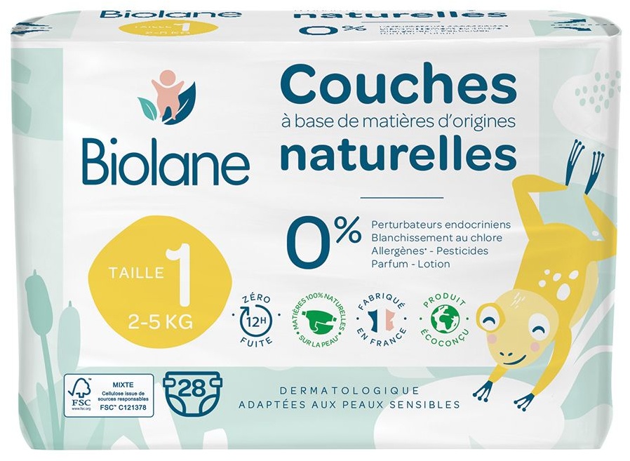 Biolane - Couches Naturelles Taille 1 - Ultra-Absorbant Pas de Fuite - 28 unités 28 pc(s) serviettes hygiénique(s)