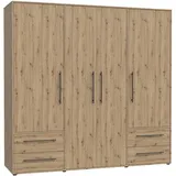 Forte Jupiter Schrank 200 210, Kleiderschrank, Drehtürenschrank, 4-türig, mit 4 Schubladen und Einlegeböden, Holz Dekor: Artisan Eiche, 206 cm breit x 59 cm tief x 200 cm hoch