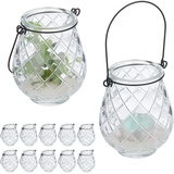 Relaxdays Windlicht, 12er Set, Glas, mit Henkel, HxD: 10 x 8,5 cm, innen & außen, Teelichthalter, transparent/schwarz