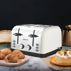 Prixton Bianca Toaster | 4 Scheiben, 7 Röststufen, Leistung 1900W, Langschlitz, Edelstahl, Defrost Funktion, Wärmeisolierendes Gehäuse, inkl. Krümelschale