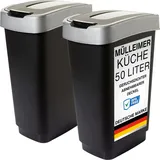 2friends Duo Mülleimer mit 2 Fächern, 2x50L, geruchsdicht, Schwingdeckel, robust, schwarz/silber - Schwarz