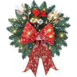 Generisch 40Cm Türkranz Weihnachten Beleuchtet,Künstlicher Weihnachtskranz Adventskranz mit Christbaumkugeln Und Zweigen Dekokranz Künstliches Weihnachtsgesteck Kleine Weihnachtsdeko Für Adventskranz